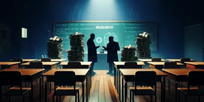 Two people cloaked in shadow stand next to piles of money at the front of a classroom looking over "research" on the chalkboard.